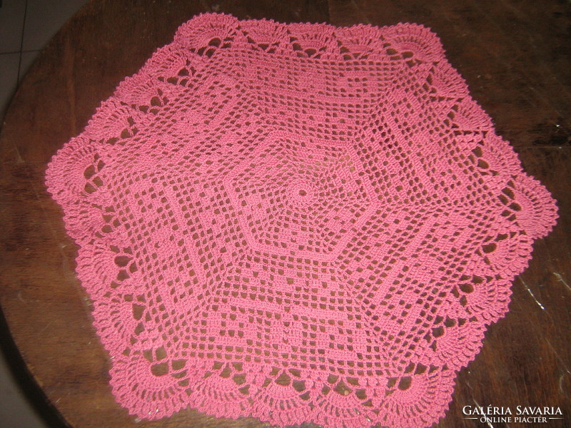 Charming pink hand-crocheted hexagonal lace tablecloth