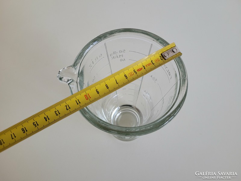 Régi retro konyhai üveg mérőedény vastag üveg mérce mérőpohár rizs cukor liszt folyadék mák