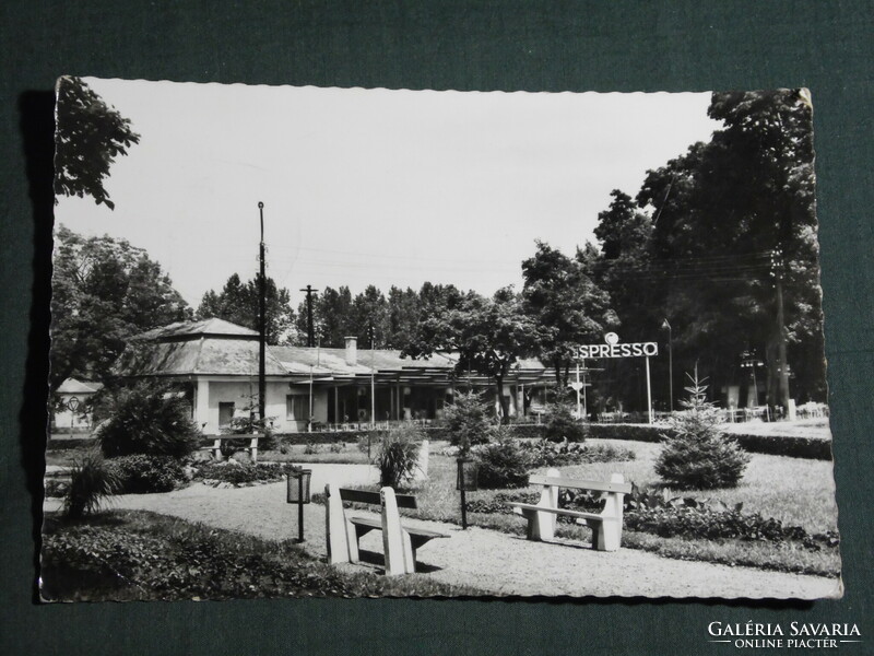 Képeslap, Balatonboglár presszó látkép , park részlet