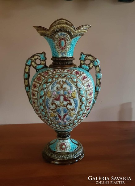 Pair of antique julius greiner & sohn 19th century historicizing majolica vases, not Zsolnay, but wonderful shape