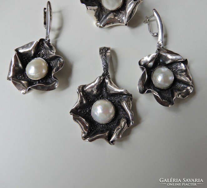 Old Polish handcrafted silver jewelry set with large baroque pearls