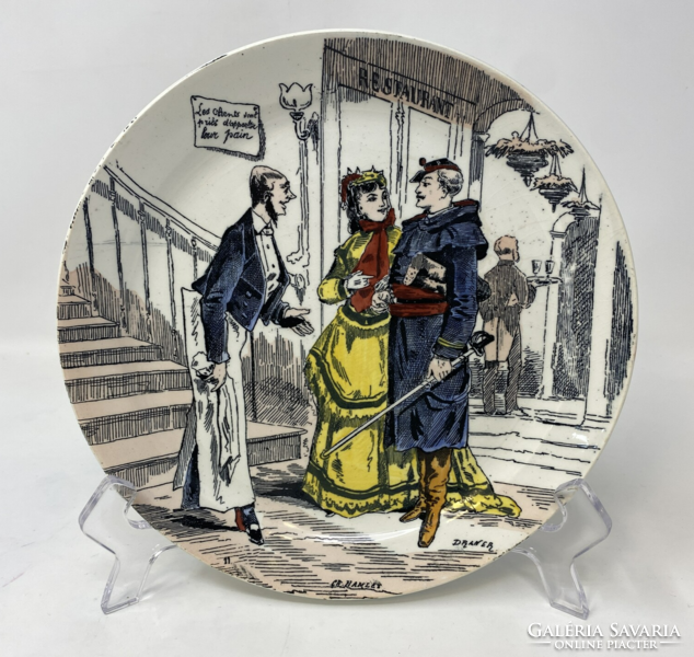 Antik Creil et Montereau fajansz "talking plates" színes beszélő tányérok, dísztányok 3db RZ