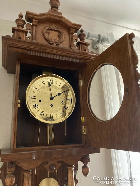 Hermle 3-tone carved oak wall clock