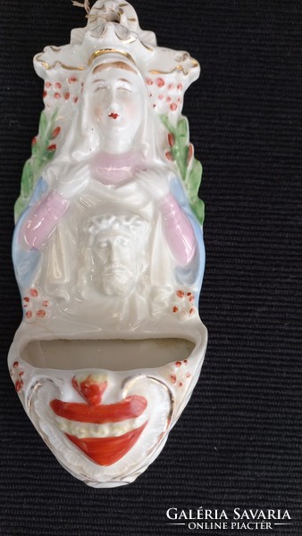 Antique German porcelain holy water tank with relief Madonna, in front of Jesus head with crown of thorns