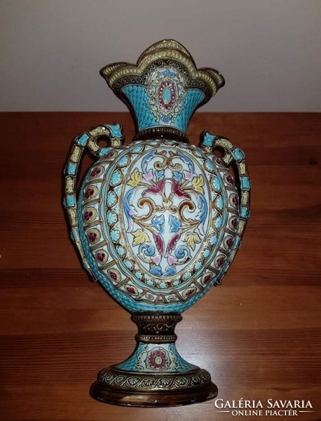 Antik JULIUS GREINER & SOHN  19. századi historizáló majolika váza pár, nem Zsolnay, de csodás forma