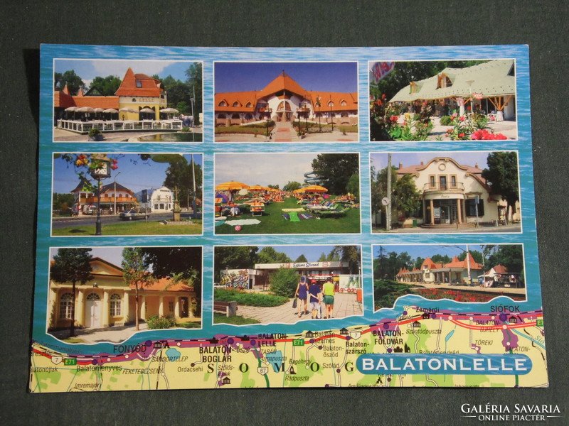 Postcard, balaton doll, mosaic details, resort, post office, train station, beach, restaurant,