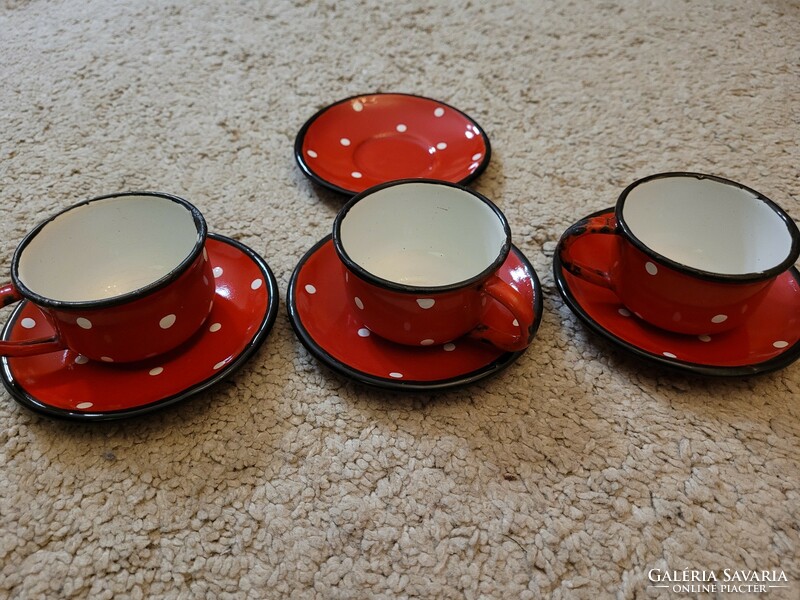 Old enamel polka dot coffee cups with bottoms. 3 in one.