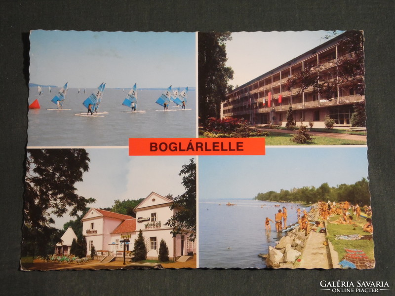 Postcard, pumpkin figure, mosaic details, view of surfers, resort, beer restaurant, beach
