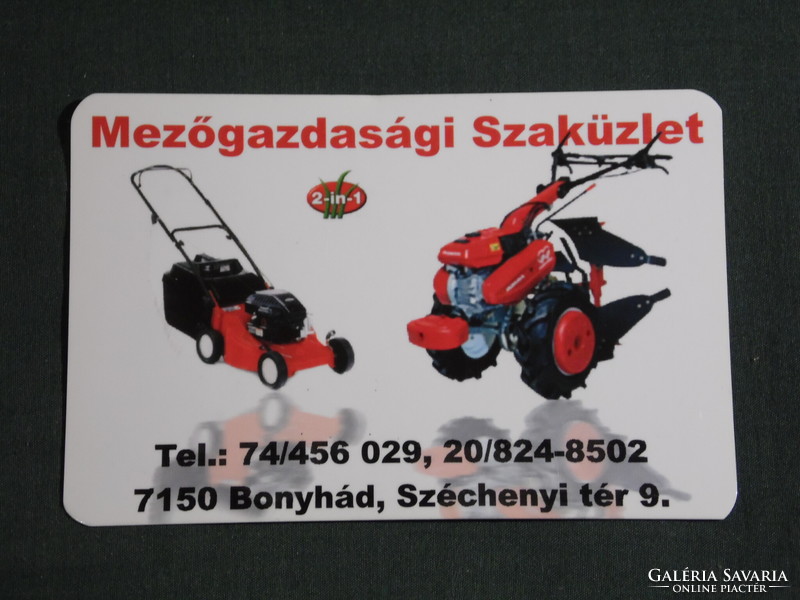 Kártyanaptár, Mezőgazdasági üzlet Bonyhád, fűnyíró, kis traktor, 2007, (6)