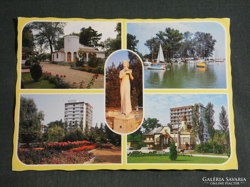 Postcard, Boglárlelle, mosaic details, peace park, girl with dove statue, pier, harbor, resort