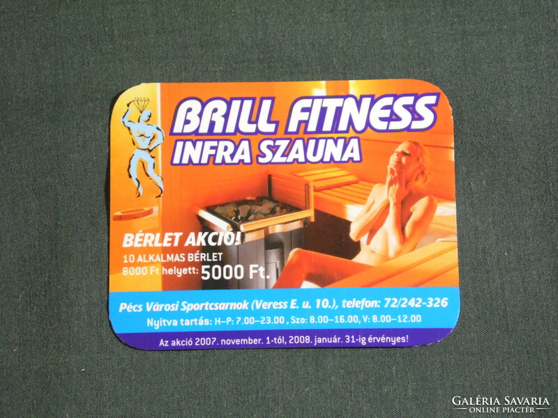 Card calendar, small size, brill fitness, infrared sauna, Pécs sports hall, erotic female model, 2008, (6)