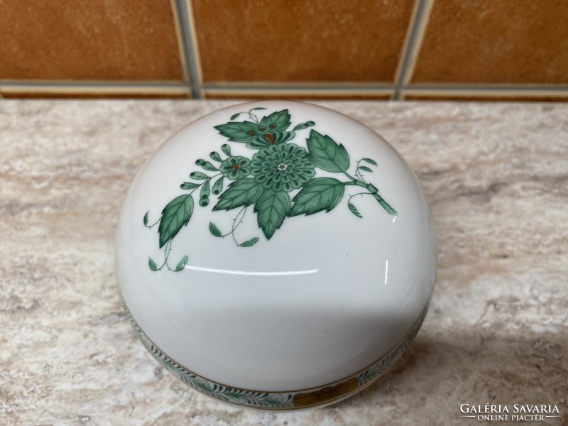 Herend green appony pattern small bonbonnier, hand painted 9x7