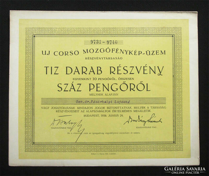 Uj Corso Mozgófénykép-Üzem részvény 10x10 pengő 1936 /ma Pesti Színház/