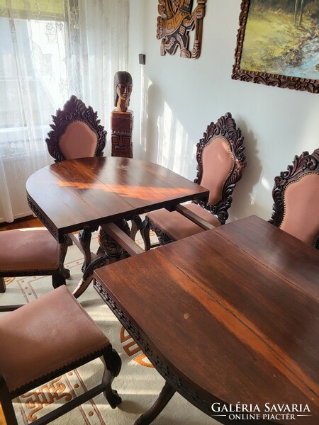 Bolivian carved wooden dining set, table + 6 chairs