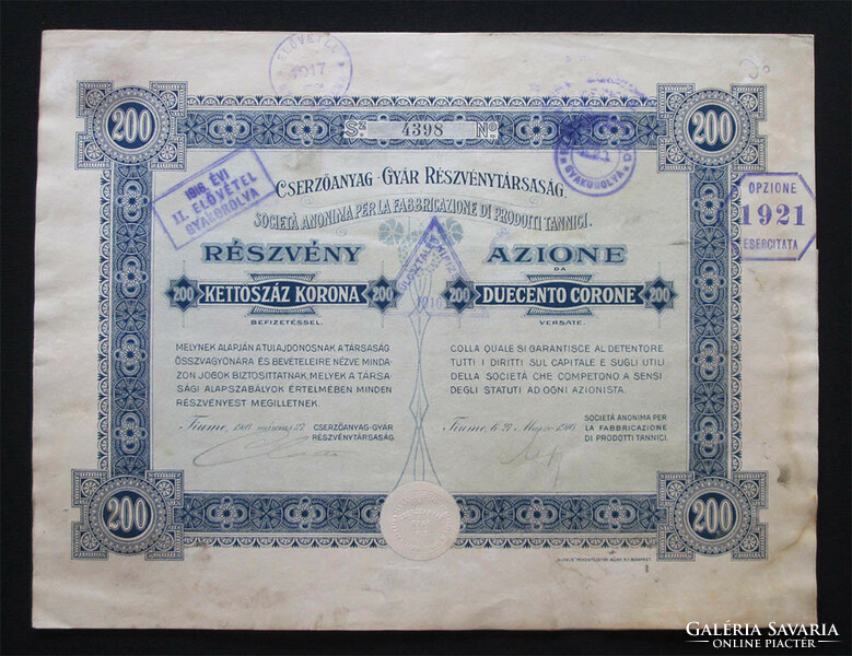 Cserzőanyag-Gyár részvény 200 korona 1916 Fiume /CRO/