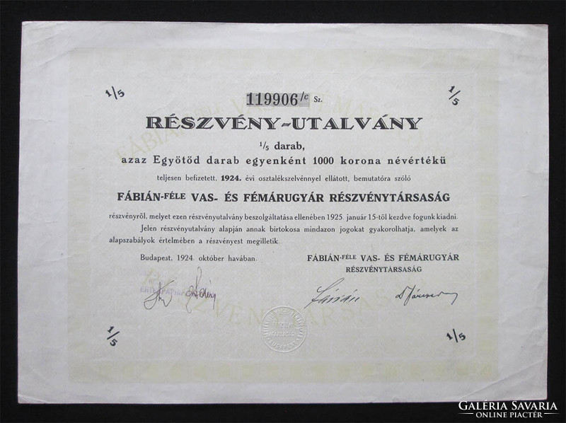 Fábián iron and metal goods factory share voucher 1/5 piece 1000 crowns 1924