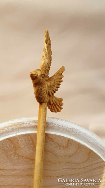 Hairpin, hair ornament carved from ash wood with a flying bird pattern