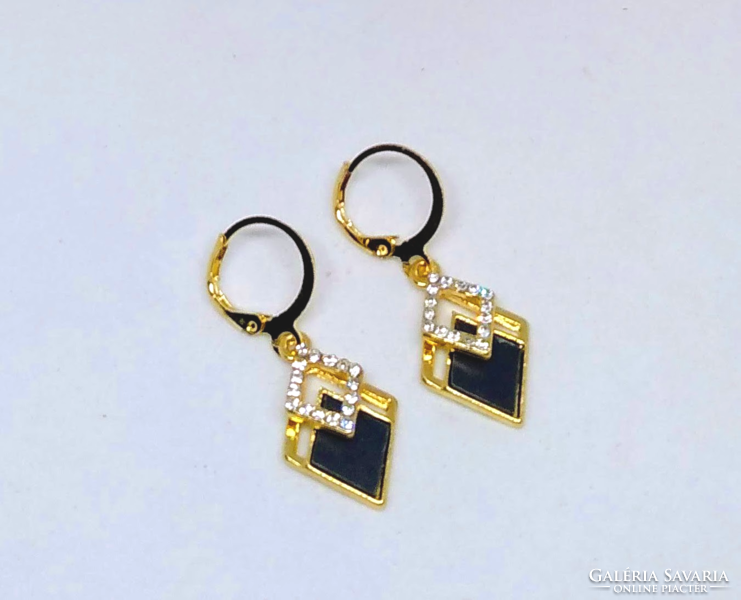 Double rhombus, gold colored black stone clear crystal earrings 107