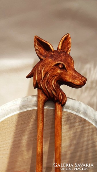 Fox pattern hairpin, hair ornament carved from maple wood