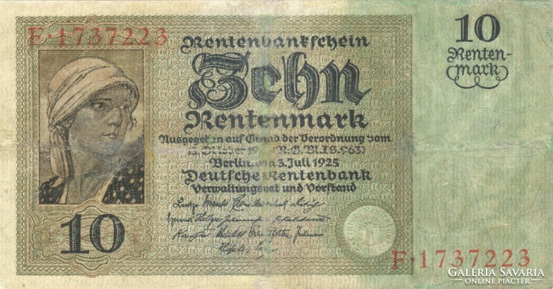 10 Rentenmark 1925 Germany very rare restored