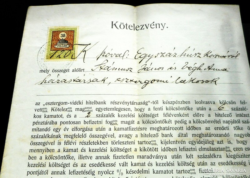 Kötelezvény banki hitelfelvételhez (Esztergom 1909) 38 fillér + 2 korona illeték