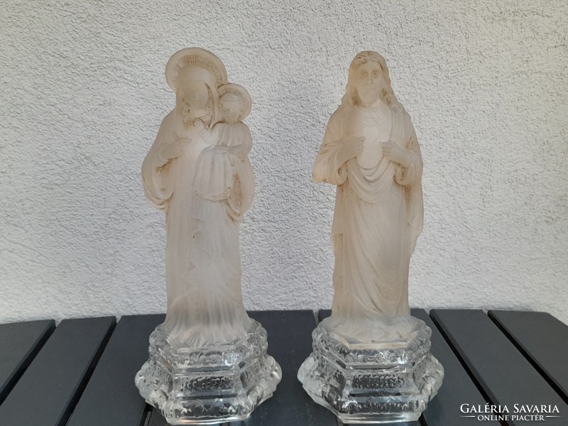 1,-Ft Meseszép antik Szűz Mária a kisdeddel és Jézus szíve üveg párban