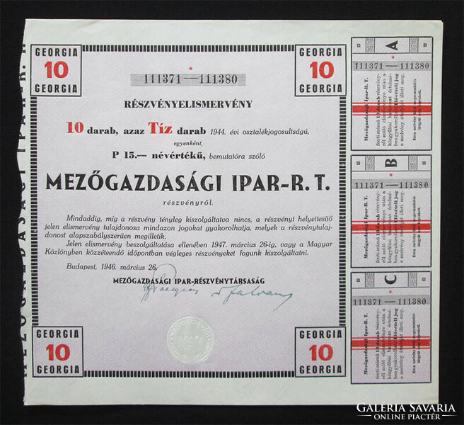Agricultural industry joint stock company share certificate 10x15 pengő 1946