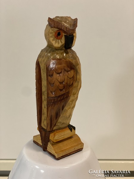 Bagoly-gyűjteményből  Régi tömör kézzel faragott fa bagoly dísz mini szobor 13,5 cm
