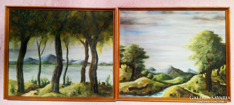 Contemporary artwork in oil-canvas painting pair. Among the hills. With a golden sign