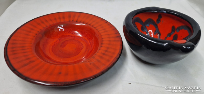 Retro industrial art orange-black glazed ceramic wall plate and pouring or ashtray for sale as a pair