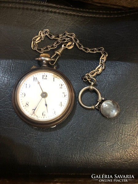 Pocket watch, antique, alarm clock, with chain, in working condition, rare.