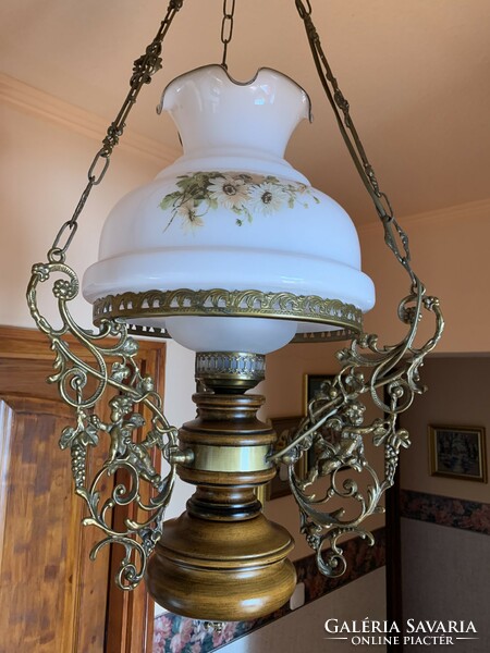 Lüszter, majolika, réz-üveg antik jellegű lámpa