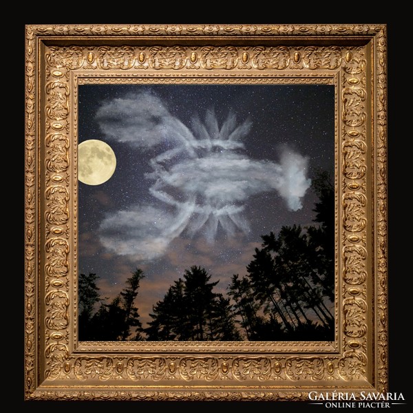 Surreal image, full moon hunting lobster cloud in the sky, high quality digital download, print