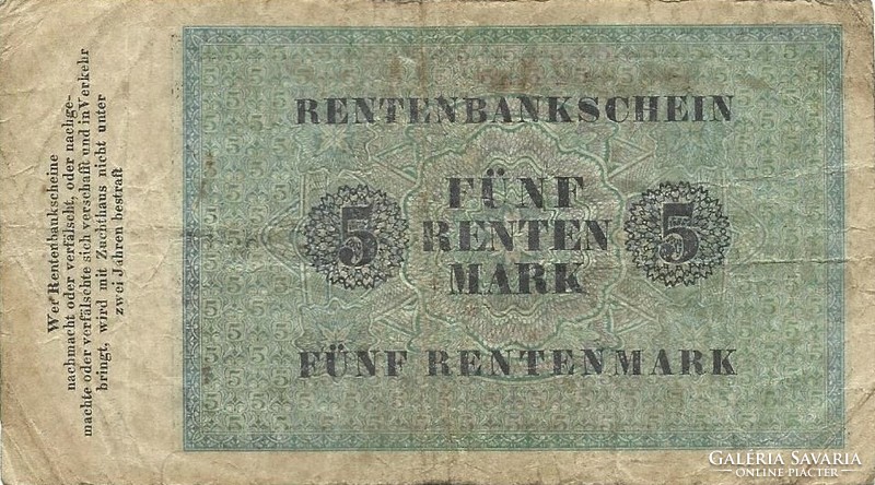5 rentenmark 1923 Németország 6 jegyű sorszám nagyon ritka