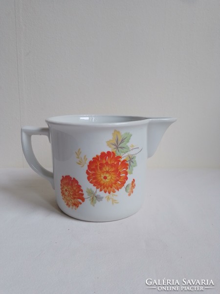 Old white porcelain pourer, giant mug with milky sour cream spout, beautiful chrysanthemum flower pattern, marked