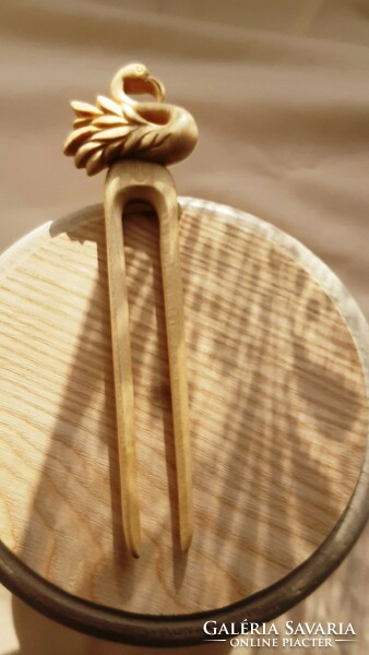 Hairpin, hair ornament carved from maple wood with water bird pattern