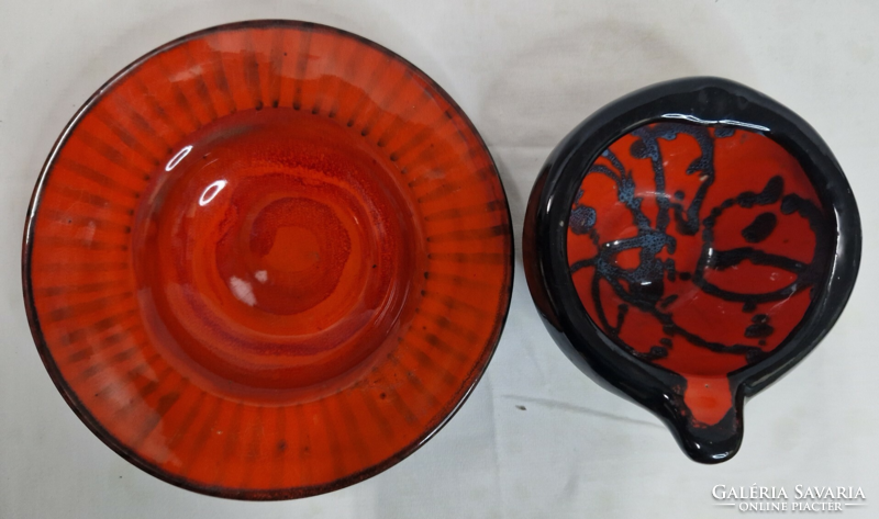 Retro industrial art orange-black glazed ceramic wall plate and pouring or ashtray for sale as a pair