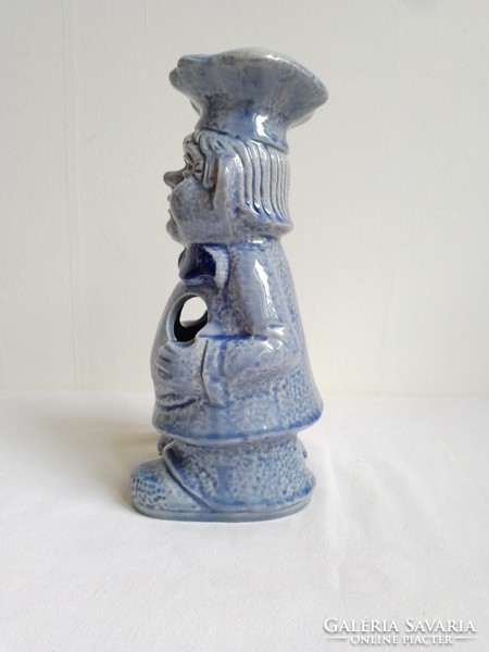 Kék szürke mázas porcelán szakács séf figura szakácssapkával, fakanáltartó, vicces konyhai dekoráció