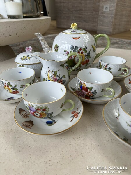 Herend fruit pattern cappuccino/tea set. Extra richly painted, with a tendril handle.
