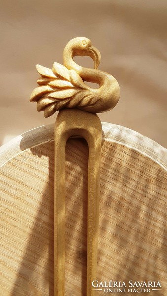 Hairpin, hair ornament carved from maple wood with water bird pattern