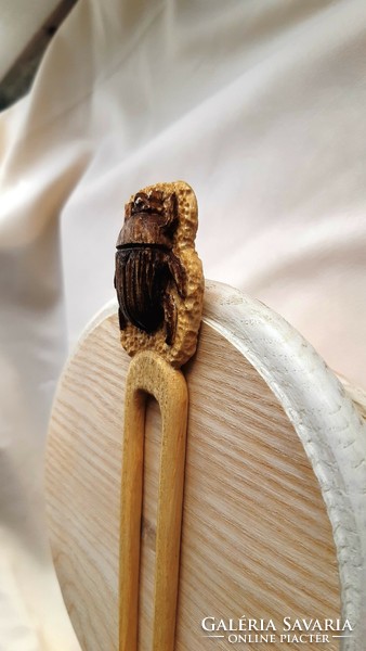 Scarab pattern hairpin, hair ornament carved from ash wood