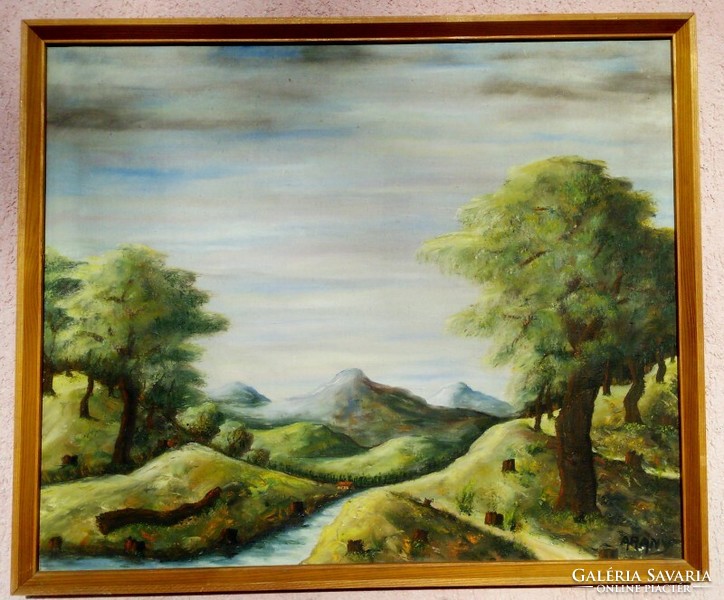 Contemporary artwork in oil-canvas painting pair. Among the hills. With a golden sign