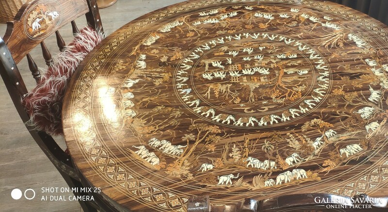 Indian, ivory bone/wood/mother-of-pearl inlaid round table with 4 chairs