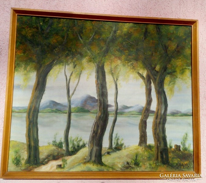 Kortárs műtárgy olaj-vászon festmény párban. Dombok között. Arany szignóval