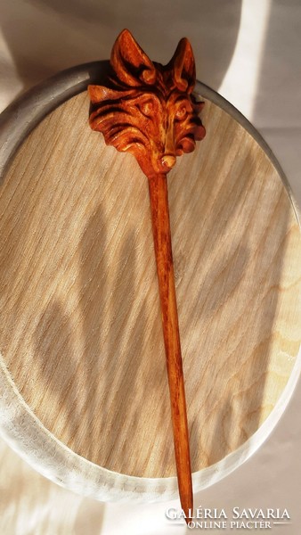 Stylized fox pattern hairpin, hair ornament carved from ash wood