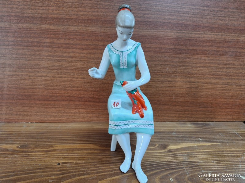 Hollóháza porcelain figural sculpture, hand-painted girl stringing peppers. 25 cm high. HUF 5900
