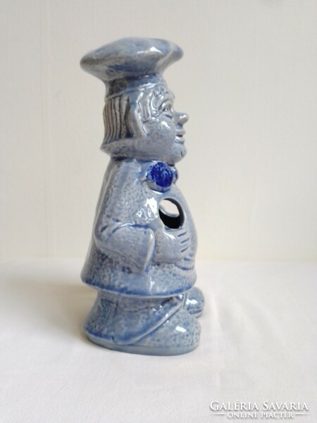 Kék szürke mázas porcelán szakács séf figura szakácssapkával, fakanáltartó, vicces konyhai dekoráció