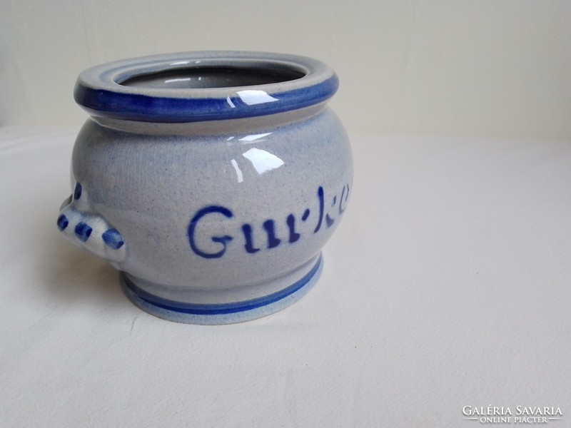 Blue gray glazed porcelain pickled cucumber serving kitchen holder storage container gurken inscription