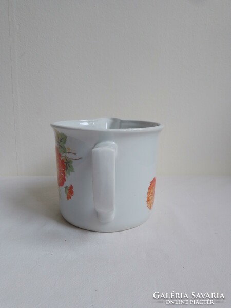 Old white porcelain pourer, giant mug with milky sour cream spout, beautiful chrysanthemum flower pattern, marked