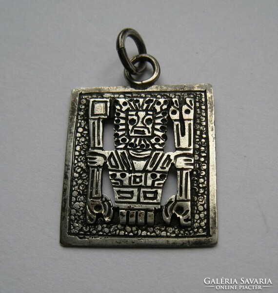 Perui, inka ezüst medál, ősi figura, amulett, négyzet alakú medál